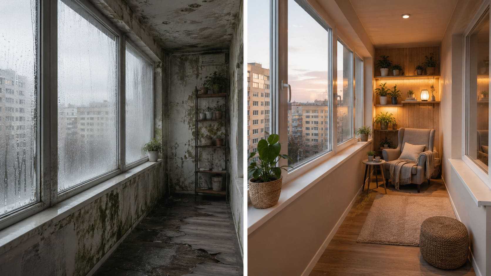 сыро на балконе до и после